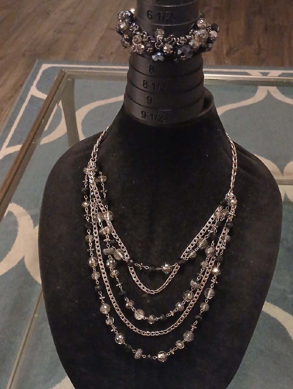 Multi-Strand Black and Silver Crystal Necklace and Bracelet